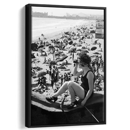 Woman in Bathing Suit Black and White Art Vintage Beach Photos, Floating Framed Canvas Print