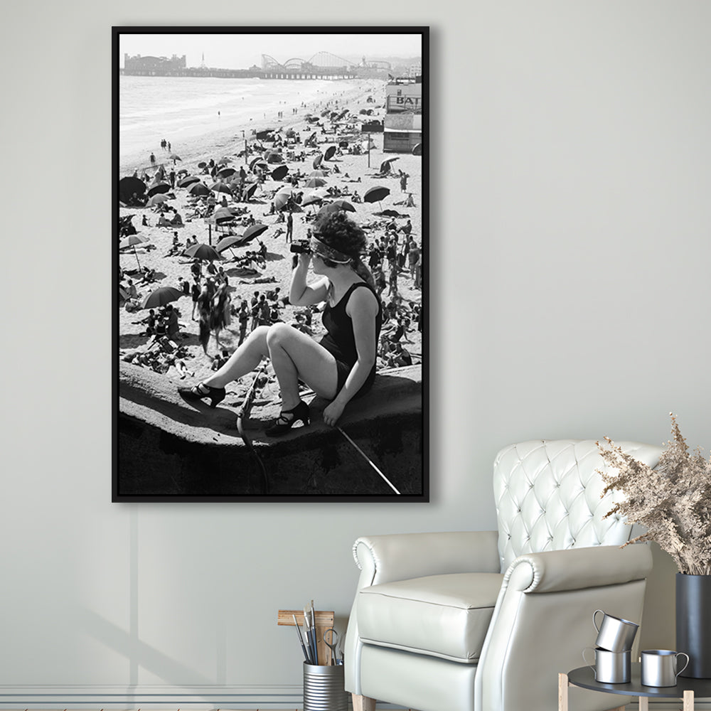 Woman in Bathing Suit Black and White Art Vintage Beach Photos, Floating Framed Canvas Print