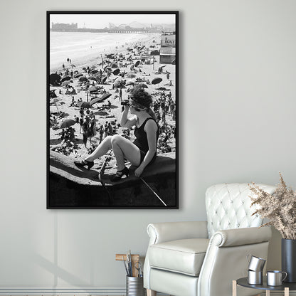 Woman in Bathing Suit Black and White Art Vintage Beach Photos, Floating Framed Canvas Print