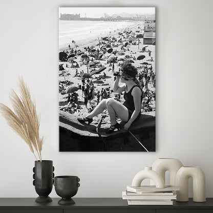 Woman in Bathing Suit Black and White Art Vintage Beach Photos, Canvas Print Wall Art