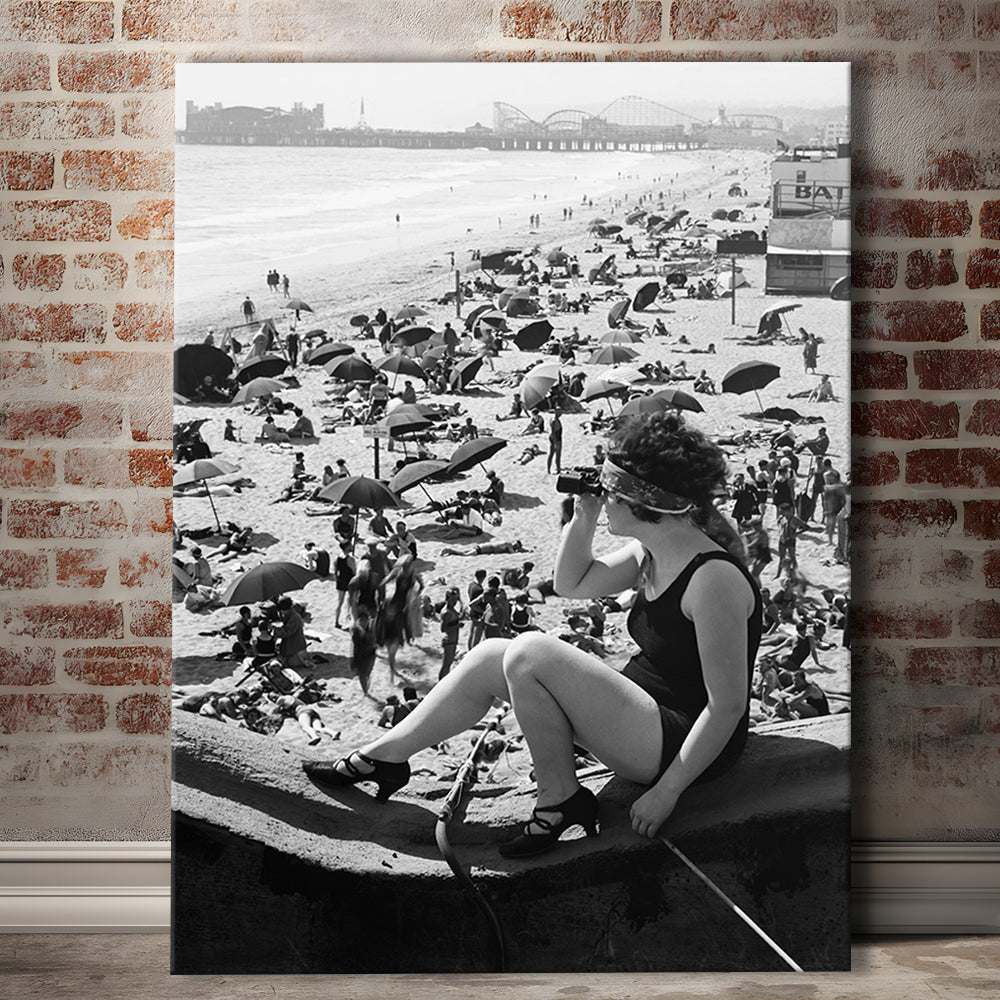 Woman in Bathing Suit Black and White Art Vintage Beach Photos, Canvas Print Wall Art