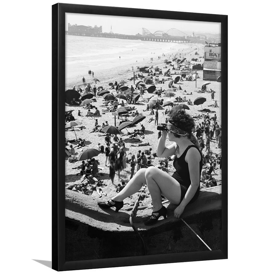 Woman in Bathing Suit Black and White Art Vintage Beach Photos, Framed Art Print Wall Decor