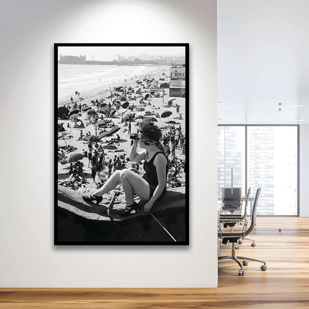 Woman in Bathing Suit Black and White Art Vintage Beach Photos, Framed Art Print Wall Decor