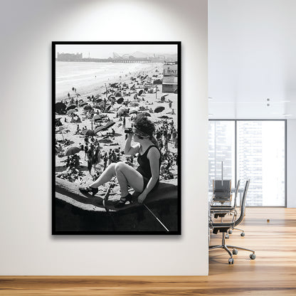 Woman in Bathing Suit Black and White Art Vintage Beach Photos, Framed Art Print Wall Decor