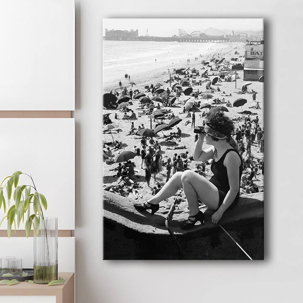 Woman in Bathing Suit Black and White Art Vintage Beach Photos, Canvas Print Wall Art