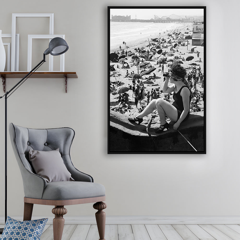 Woman in Bathing Suit Black and White Art Vintage Beach Photos, Floating Framed Canvas Print
