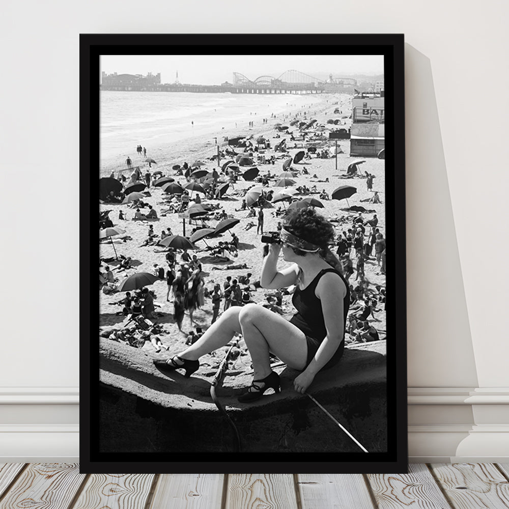 Woman in Bathing Suit Black and White Art Vintage Beach Photos, Floating Framed Canvas Print