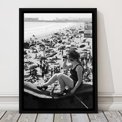 Woman in Bathing Suit Black and White Art Vintage Beach Photos, Floating Framed Canvas Print