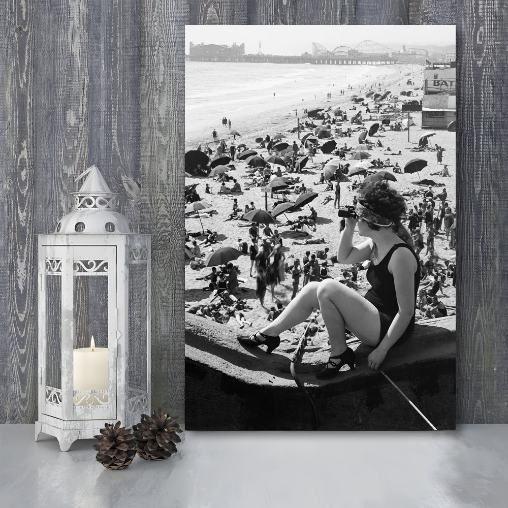 Woman in Bathing Suit Black and White Art Vintage Beach Photos, Canvas Print Wall Art
