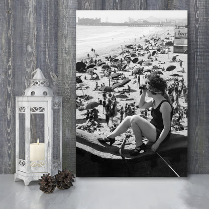 Woman in Bathing Suit Black and White Art Vintage Beach Photos, Canvas Print Wall Art