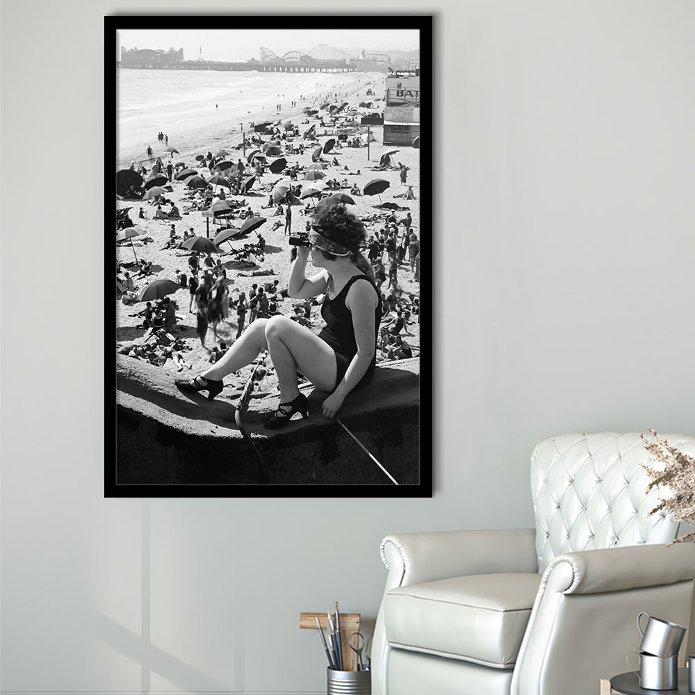 Woman in Bathing Suit Black and White Art Vintage Beach Photos, Framed Art Print Wall Decor