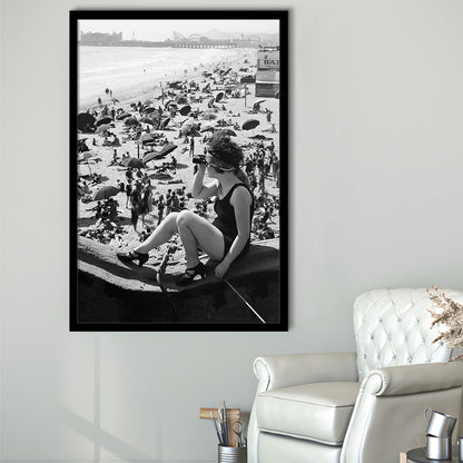 Woman in Bathing Suit Black and White Art Vintage Beach Photos, Framed Art Print Wall Decor
