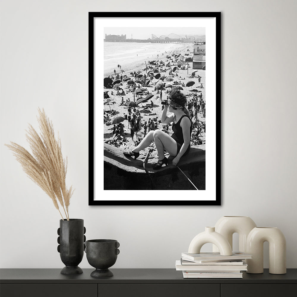 Woman in Bathing Suit Black and White Art Vintage Beach Photos, Framed Art Print White Border Wall Decor