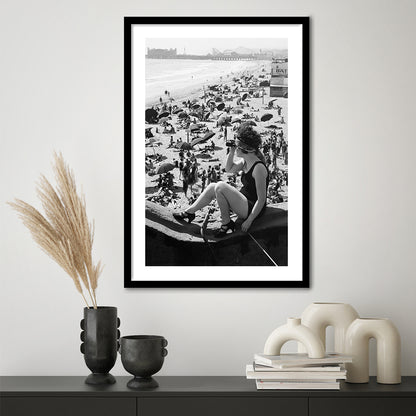 Woman in Bathing Suit Black and White Art Vintage Beach Photos, Framed Art Print White Border Wall Decor