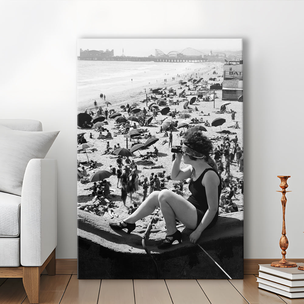 Woman in Bathing Suit Black and White Art Vintage Beach Photos, Canvas Print Wall Art