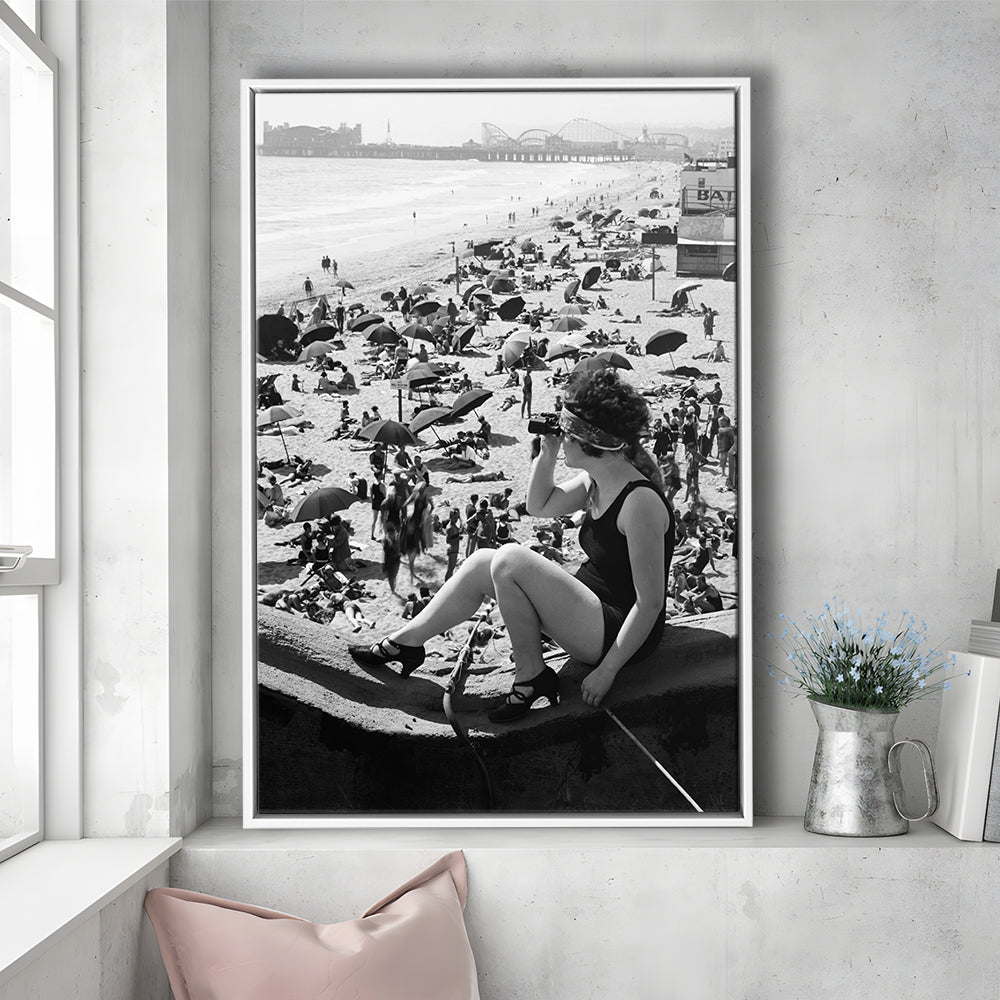 Woman in Bathing Suit Black and White Art Vintage Beach Photos, Floating Framed Canvas Print
