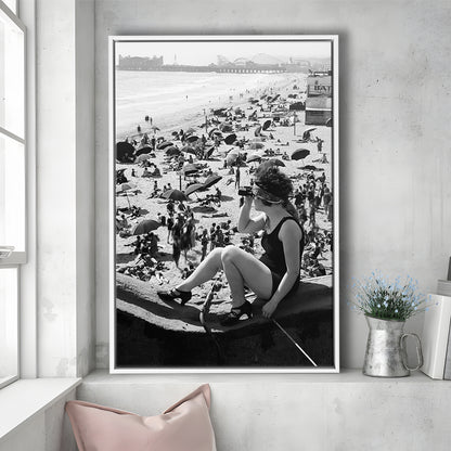 Woman in Bathing Suit Black and White Art Vintage Beach Photos, Floating Framed Canvas Print