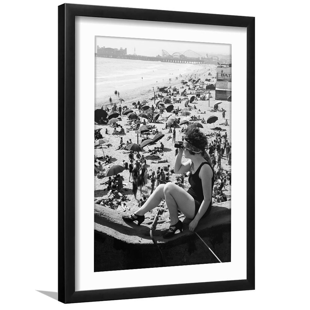 Woman in Bathing Suit Black and White Art Vintage Beach Photos, Framed Art Print White Border Wall Decor