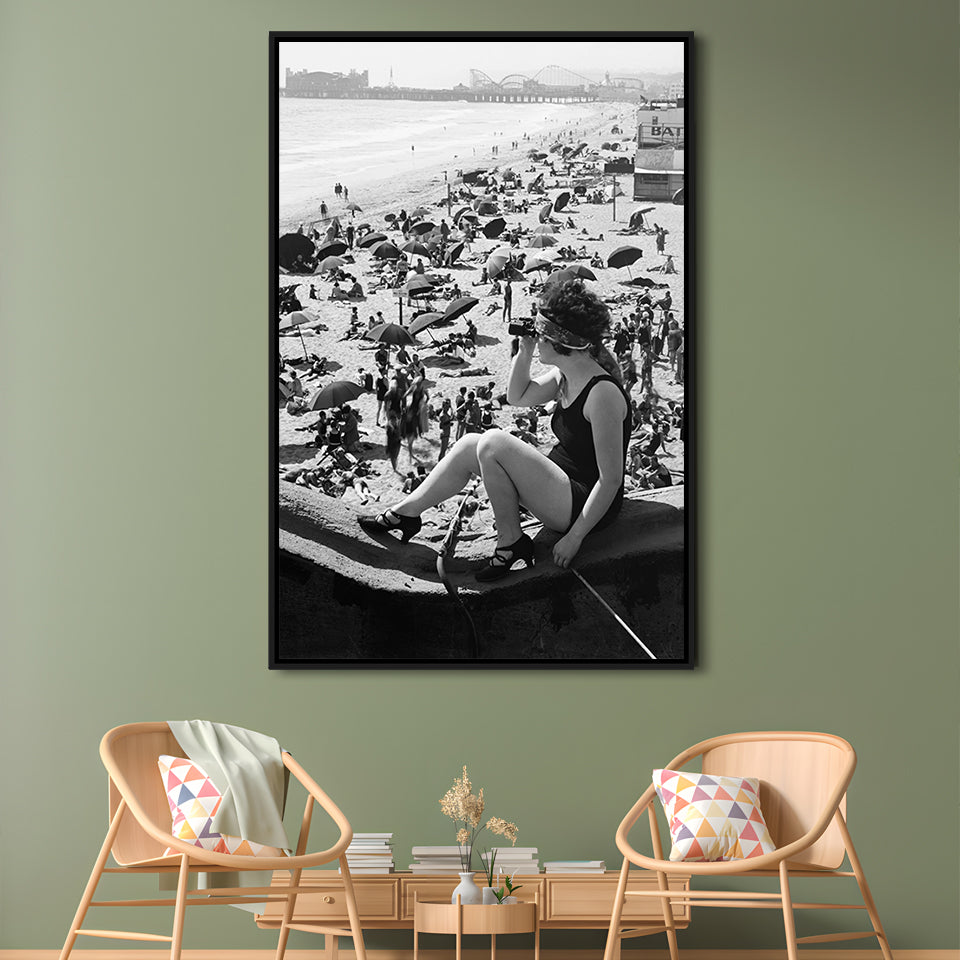 Woman in Bathing Suit Black and White Art Vintage Beach Photos, Floating Framed Canvas Print