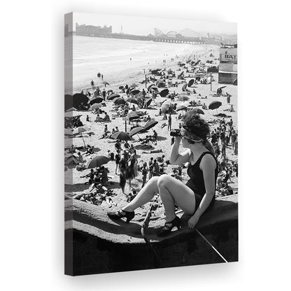 Woman in Bathing Suit Black and White Art Vintage Beach Photos, Canvas Print Wall Art