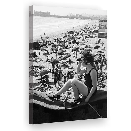 Woman in Bathing Suit Black and White Art Vintage Beach Photos, Canvas Print Wall Art