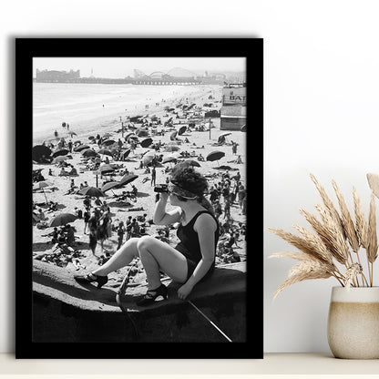 Woman in Bathing Suit Black and White Art Vintage Beach Photos, Framed Art Print Wall Decor