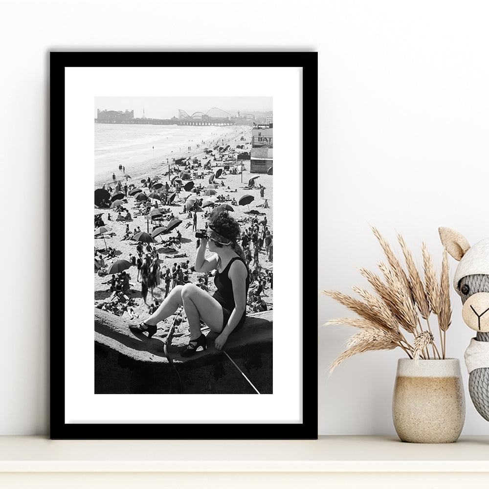 Woman in Bathing Suit Black and White Art Vintage Beach Photos, Framed Art Print White Border Wall Decor