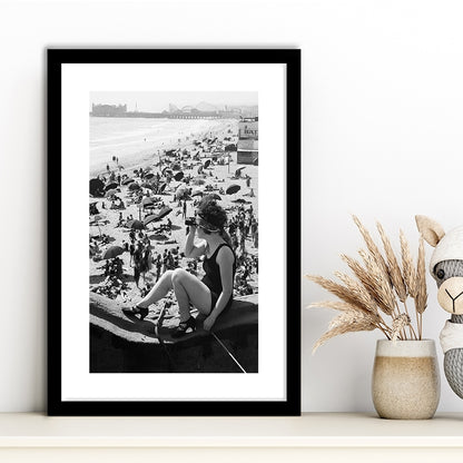 Woman in Bathing Suit Black and White Art Vintage Beach Photos, Framed Art Print White Border Wall Decor