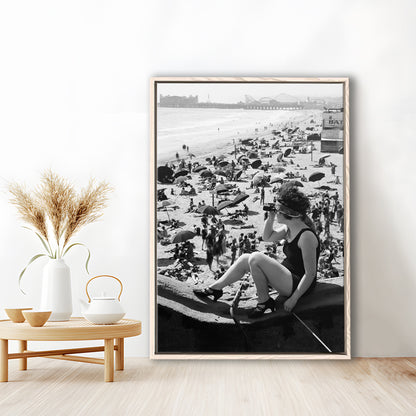 Woman in Bathing Suit Black and White Art Vintage Beach Photos, Floating Framed Canvas Print