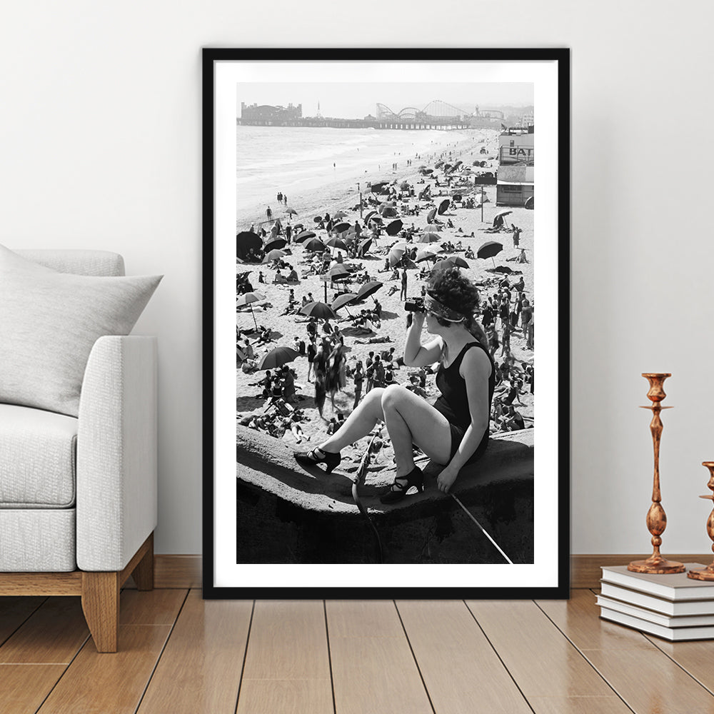 Woman in Bathing Suit Black and White Art Vintage Beach Photos, Framed Art Print White Border Wall Decor
