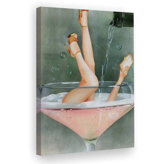 Woman in Champagne Glass, Vintage Bar Cart Print, Funky Wall Art, Cocktail Print, Canvas Print Wall Art