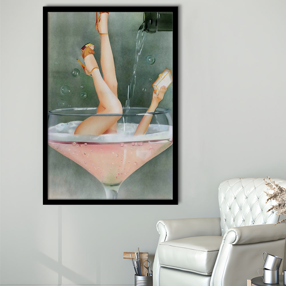 Woman in Champagne Glass, Bar Cart Print, Funky Wall Art, Cocktail Print, Vintage Bar , Framed Art Print Wall Decor