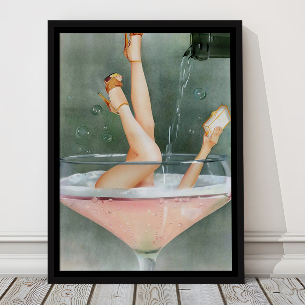 Woman in Champagne Glass, Bar Cart Print, Cocktail Print, Vintage Bar , Floating Framed Canvas Print