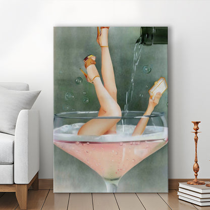 Woman in Champagne Glass, Vintage Bar Cart Print, Funky Wall Art, Cocktail Print, Canvas Print Wall Art