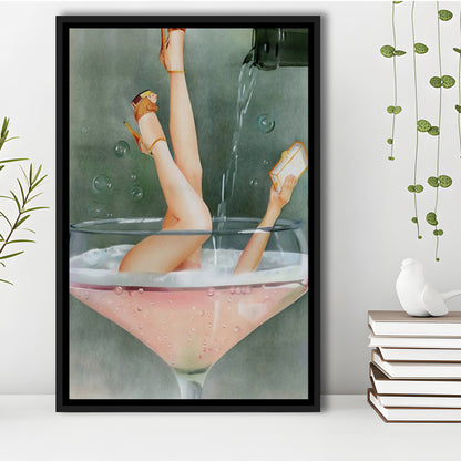 Woman in Champagne Glass, Bar Cart Print, Cocktail Print, Vintage Bar , Floating Framed Canvas Print