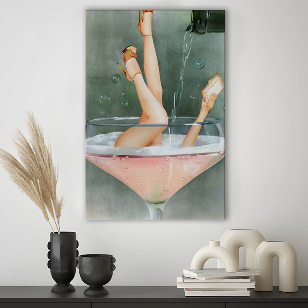 Woman in Champagne Glass, Vintage Bar Cart Print, Funky Wall Art, Cocktail Print, Canvas Print Wall Art