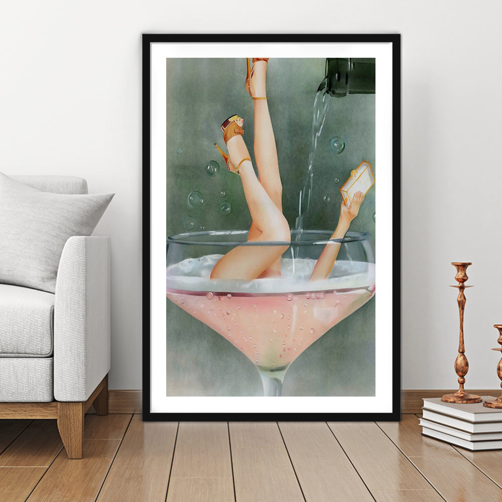 Woman in Champagne Glass, Bar Cart Print, Funky Wall Art, Cocktail Print, Framed Art Print White Border Wall Decor
