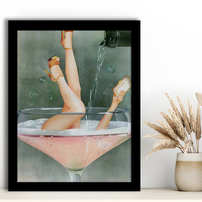 Woman in Champagne Glass, Bar Cart Print, Funky Wall Art, Cocktail Print, Vintage Bar , Framed Art Print Wall Decor