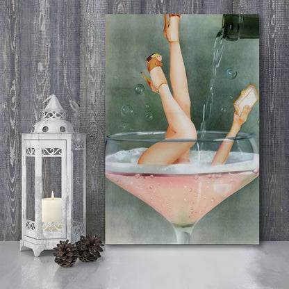 Woman in Champagne Glass, Vintage Bar Cart Print, Funky Wall Art, Cocktail Print, Canvas Print Wall Art