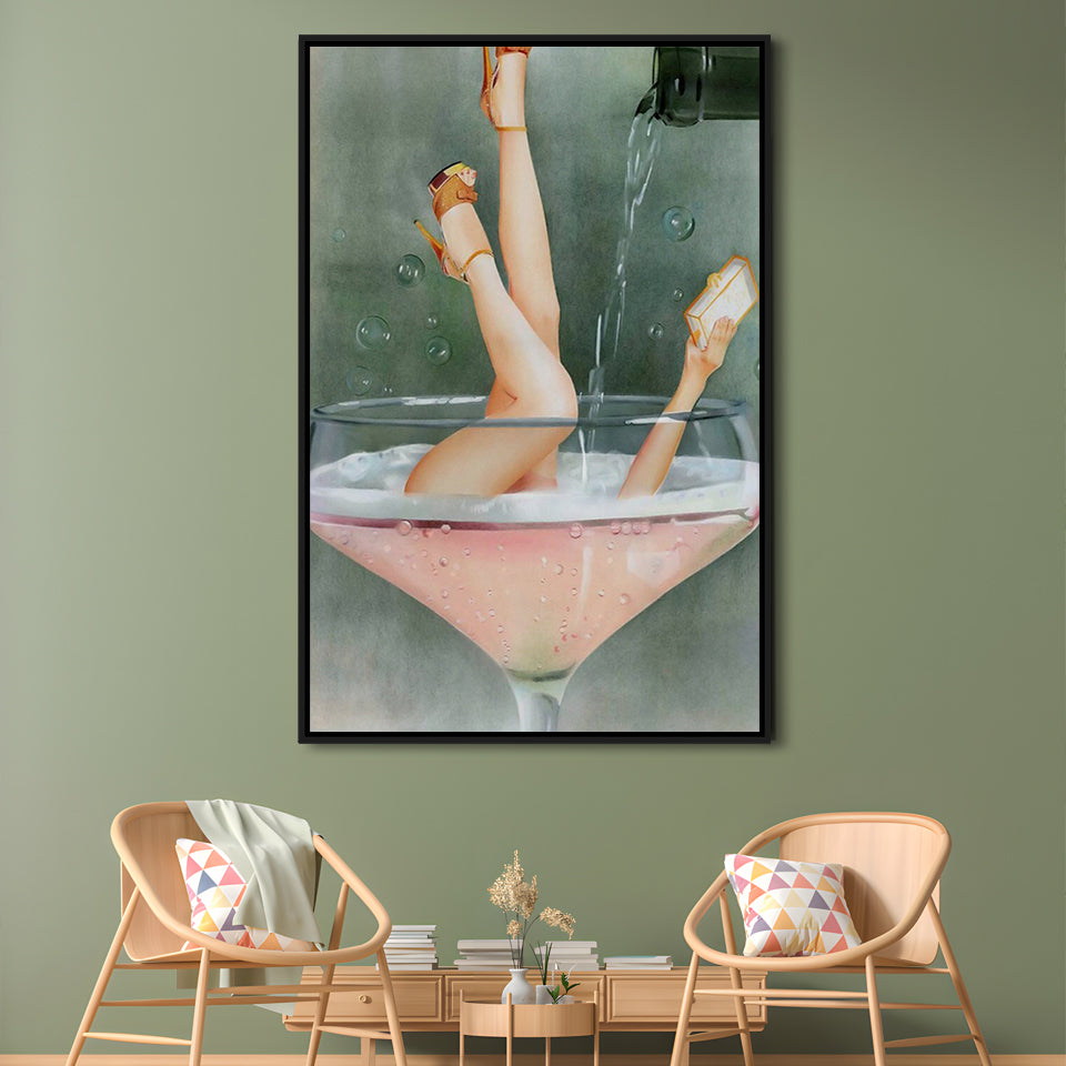 Woman in Champagne Glass, Bar Cart Print, Cocktail Print, Vintage Bar , Floating Framed Canvas Print