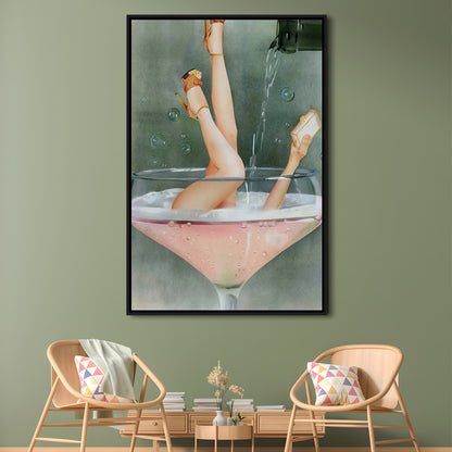 Woman in Champagne Glass, Bar Cart Print, Cocktail Print, Vintage Bar , Floating Framed Canvas Print