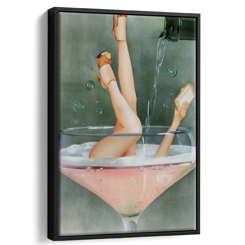 Woman in Champagne Glass, Bar Cart Print, Cocktail Print, Vintage Bar , Floating Framed Canvas Print