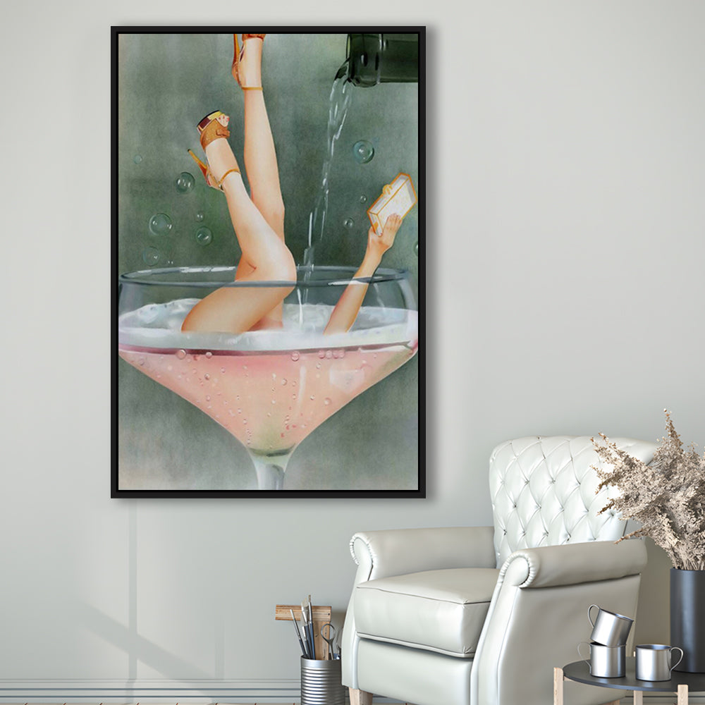 Woman in Champagne Glass, Bar Cart Print, Cocktail Print, Vintage Bar , Floating Framed Canvas Print