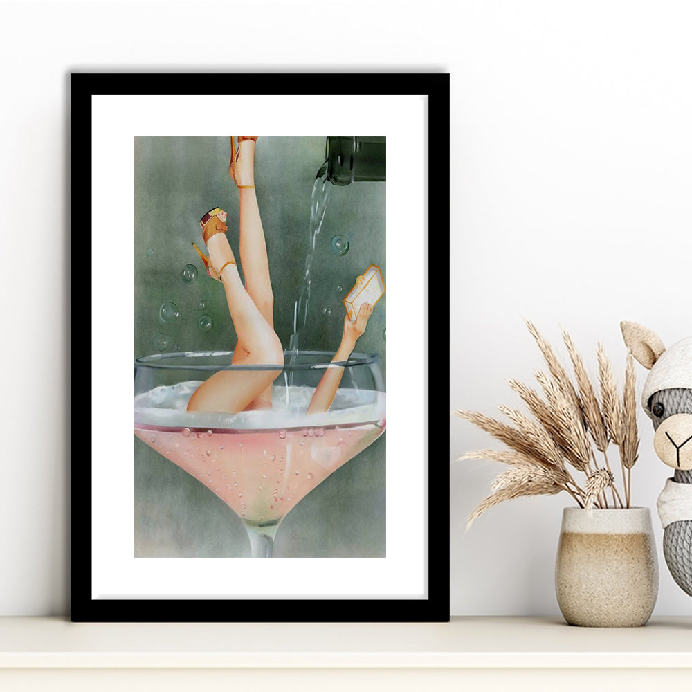 Woman in Champagne Glass, Bar Cart Print, Funky Wall Art, Cocktail Print, Framed Art Print White Border Wall Decor