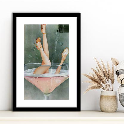 Woman in Champagne Glass, Bar Cart Print, Funky Wall Art, Cocktail Print, Framed Art Print White Border Wall Decor