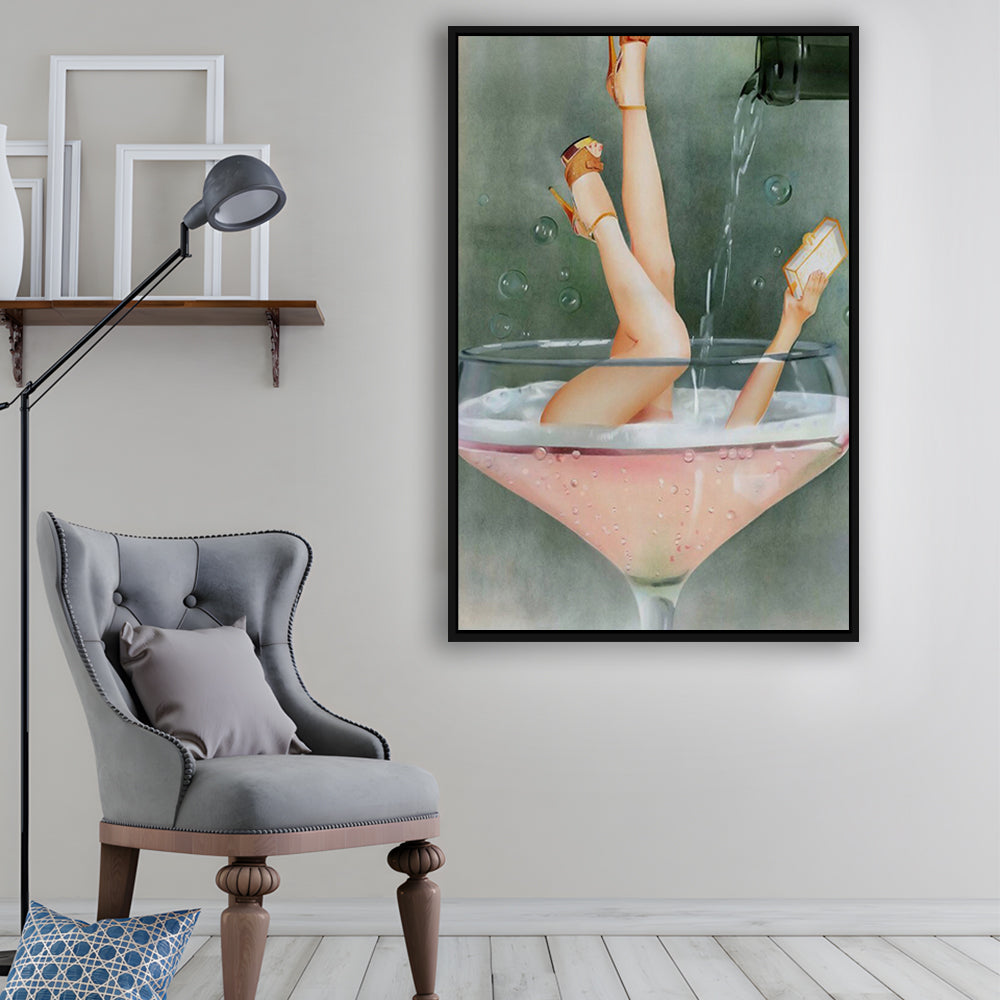 Woman in Champagne Glass, Bar Cart Print, Cocktail Print, Vintage Bar , Floating Framed Canvas Print