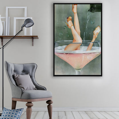Woman in Champagne Glass, Bar Cart Print, Cocktail Print, Vintage Bar , Floating Framed Canvas Print