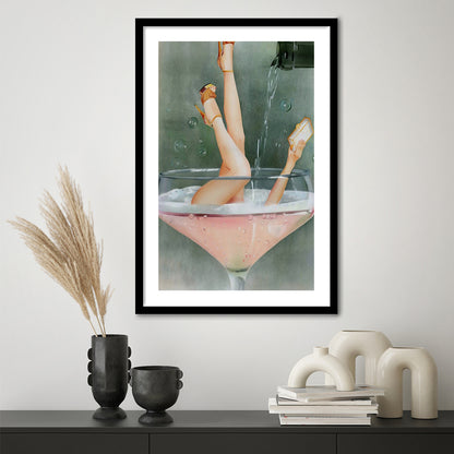 Woman in Champagne Glass, Bar Cart Print, Funky Wall Art, Cocktail Print, Framed Art Print White Border Wall Decor