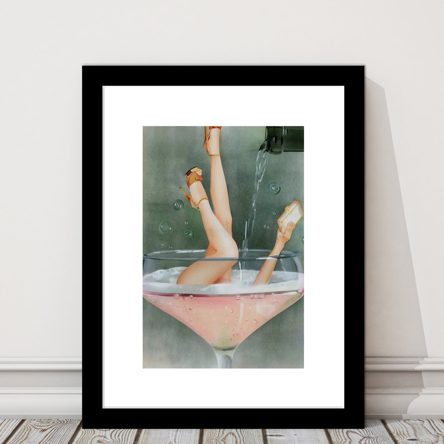 Woman in Champagne Glass, Bar Cart Print, Funky Wall Art, Cocktail Print, Framed Art Print White Border Wall Decor