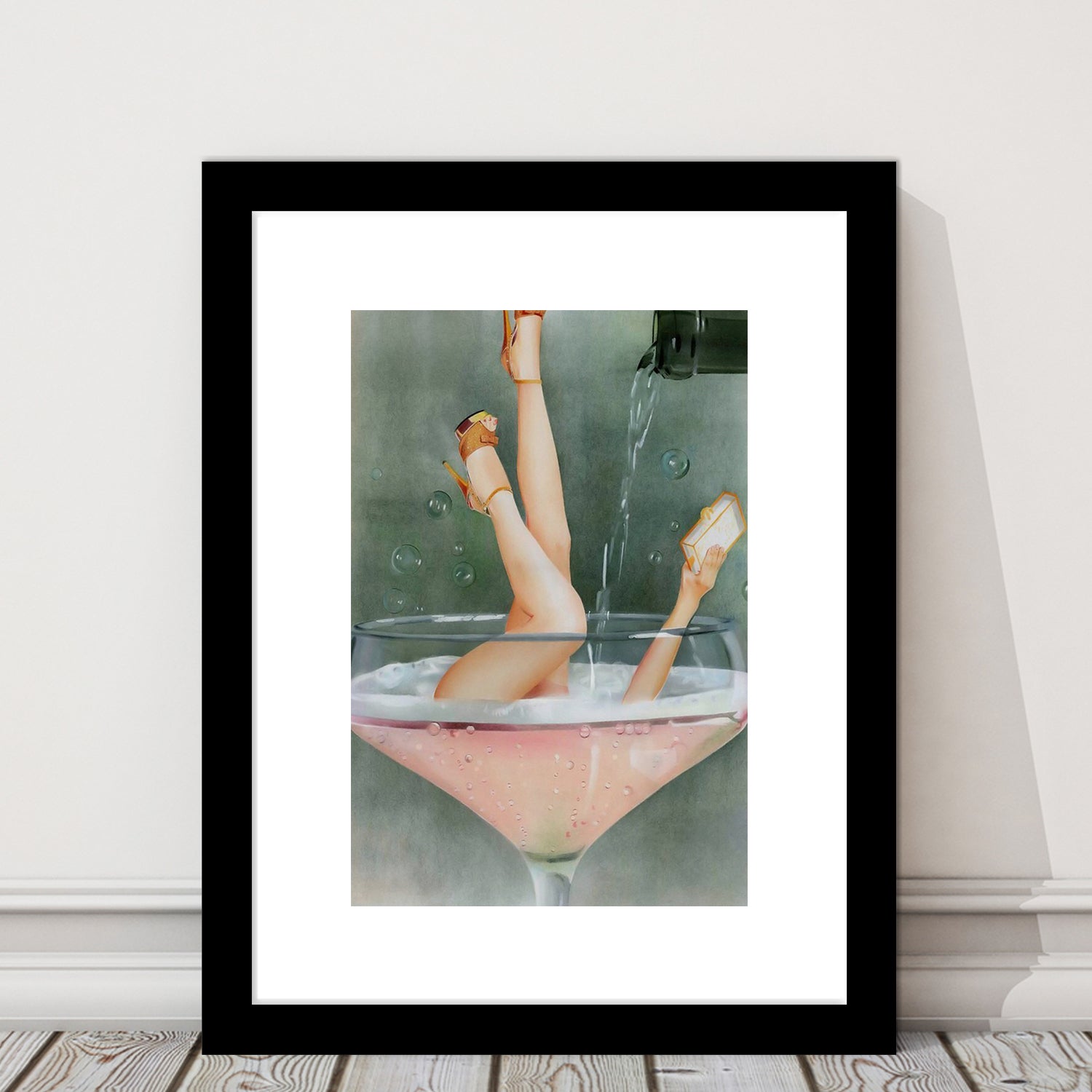 Woman in Champagne Glass, Bar Cart Print, Funky Wall Art, Cocktail Print, Framed Art Print White Border Wall Decor